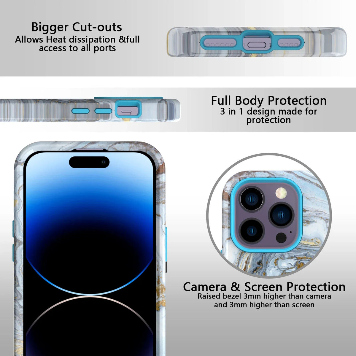Shockproof Marble Hybrid Triple Layer Hard Case For iPhone 14 Pro Max 15 13 12,