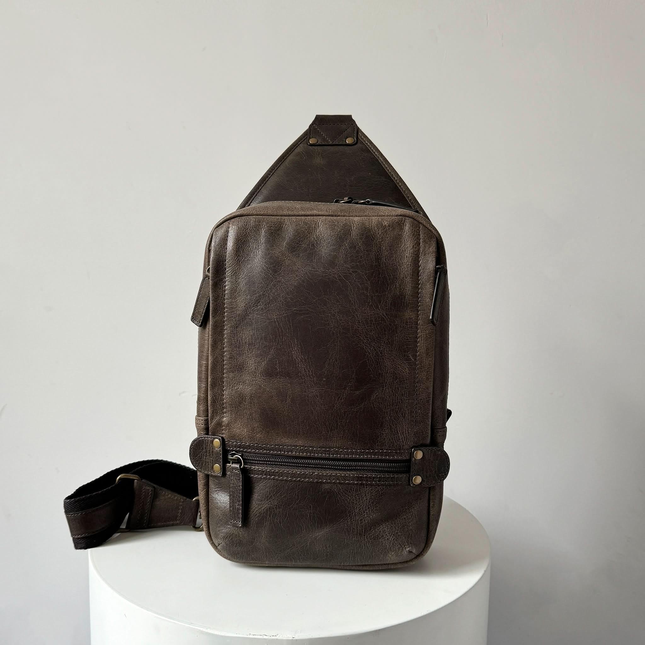 Crazy Horse Leather Large Sling Bag for Men
