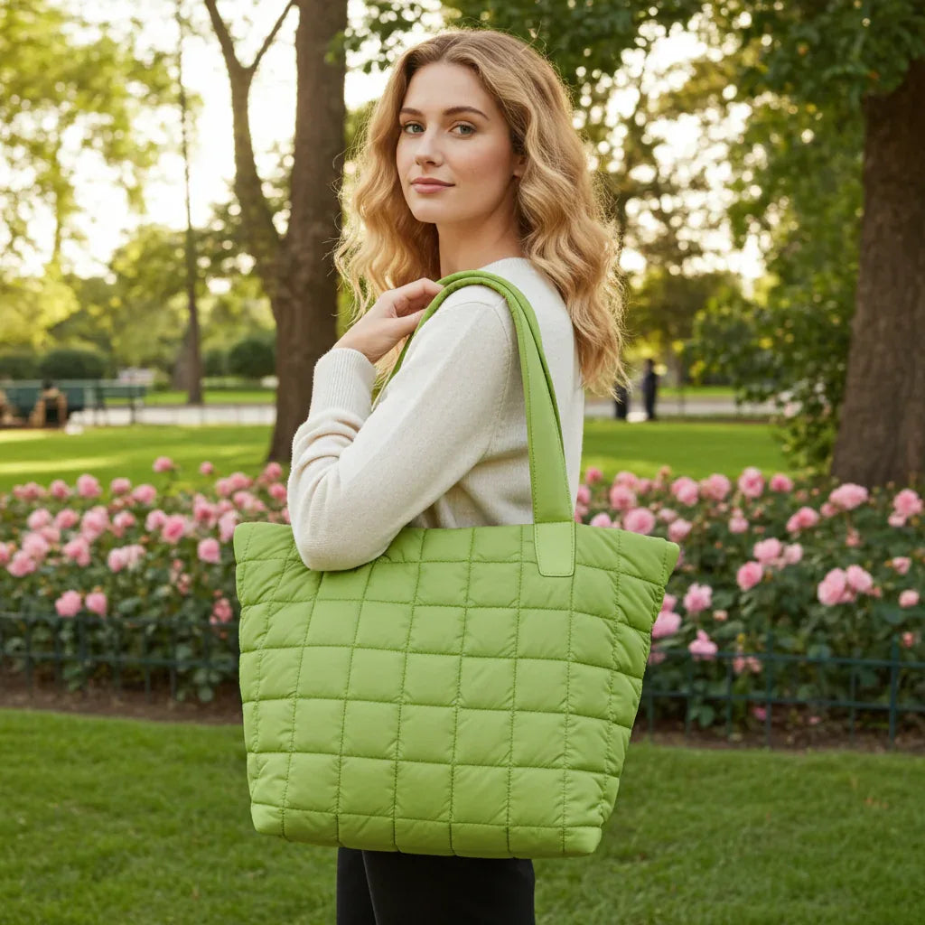 Quilted Nylon Zip-Top Tote Bag for Women – Lightweight 16″ Laptop Work & Travel Tote