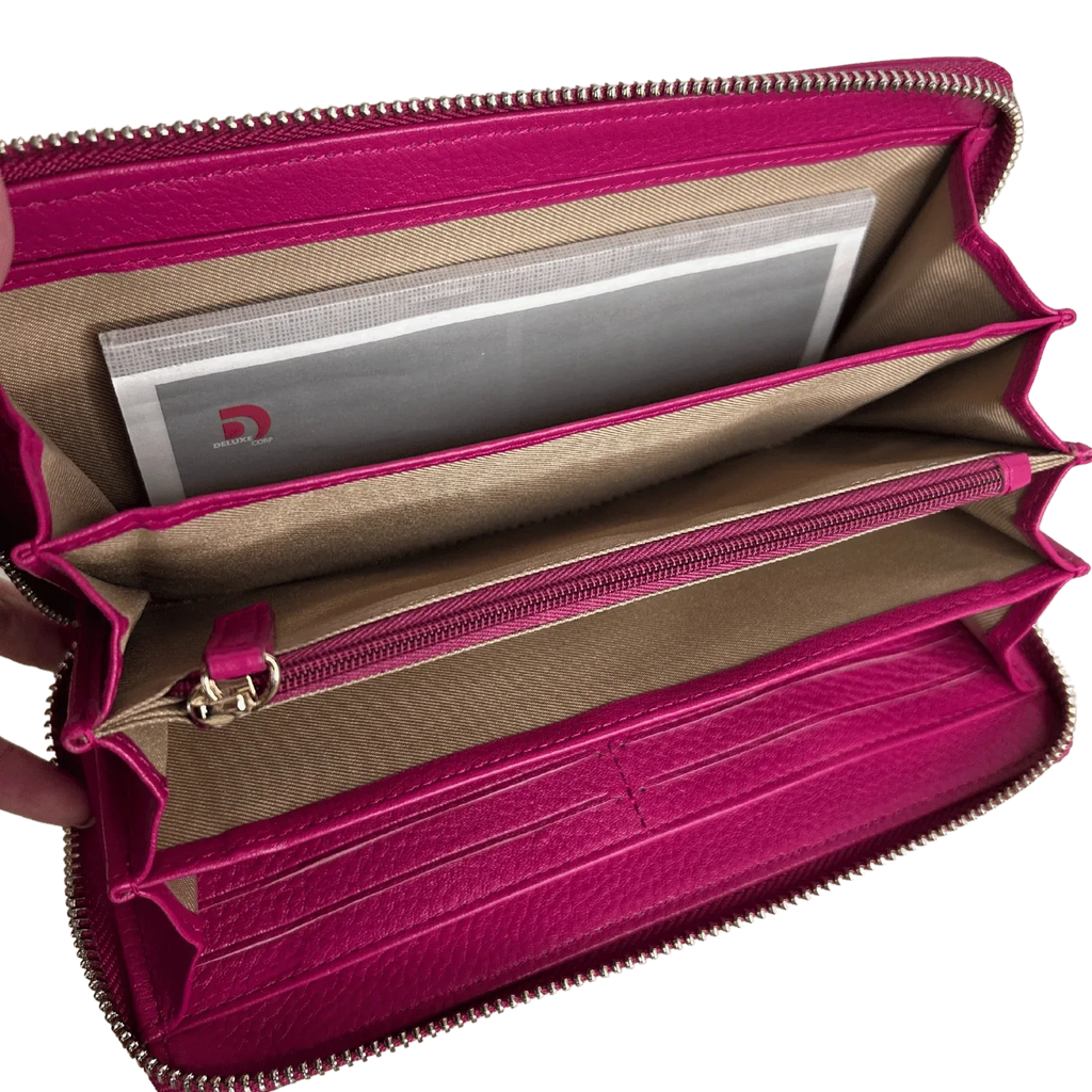 Sophia Full-Grain Leather Structured Double-Zip Wallet with RFID Protection