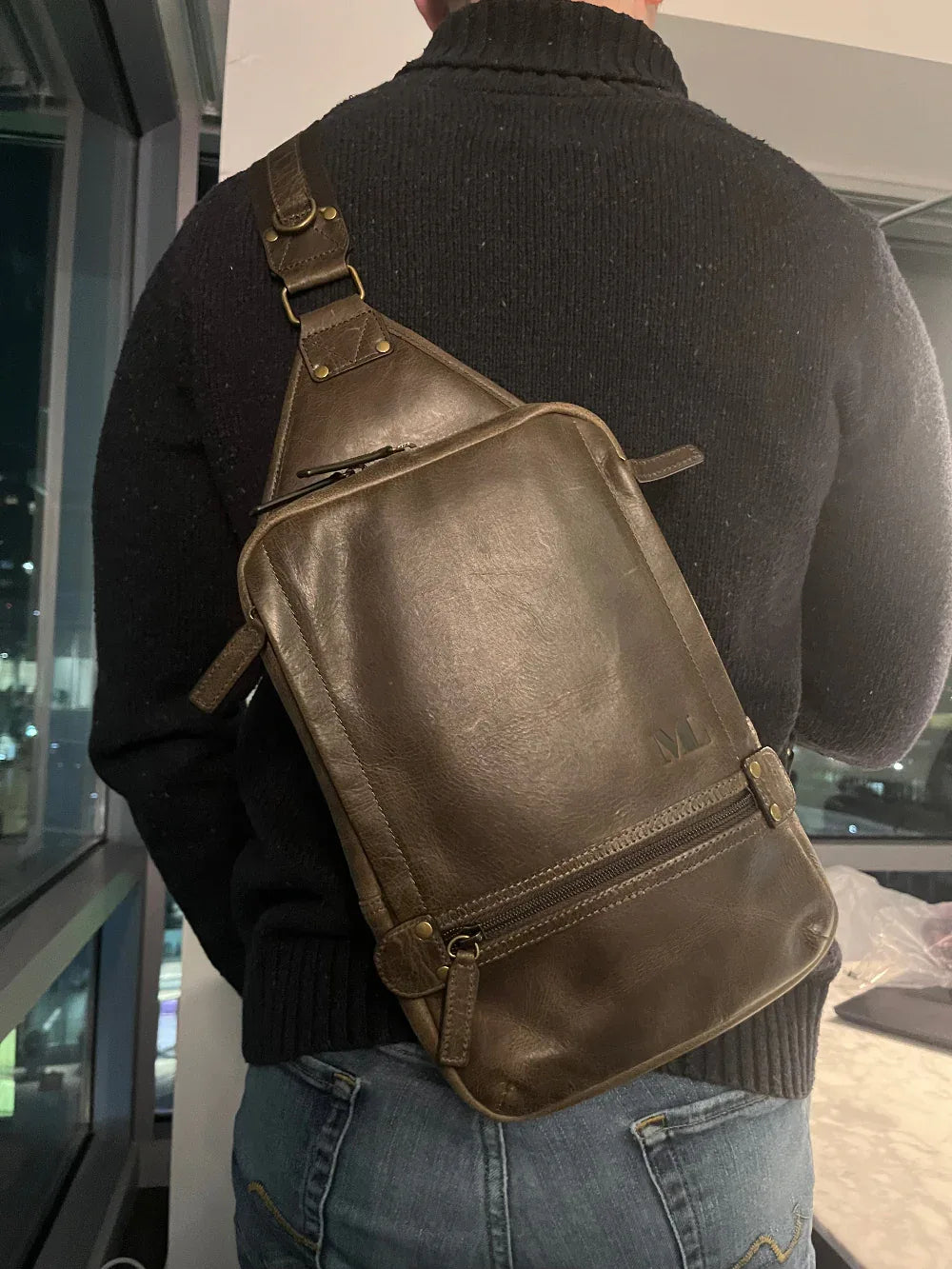 Crazy Horse Leather Large Sling Bag for Men