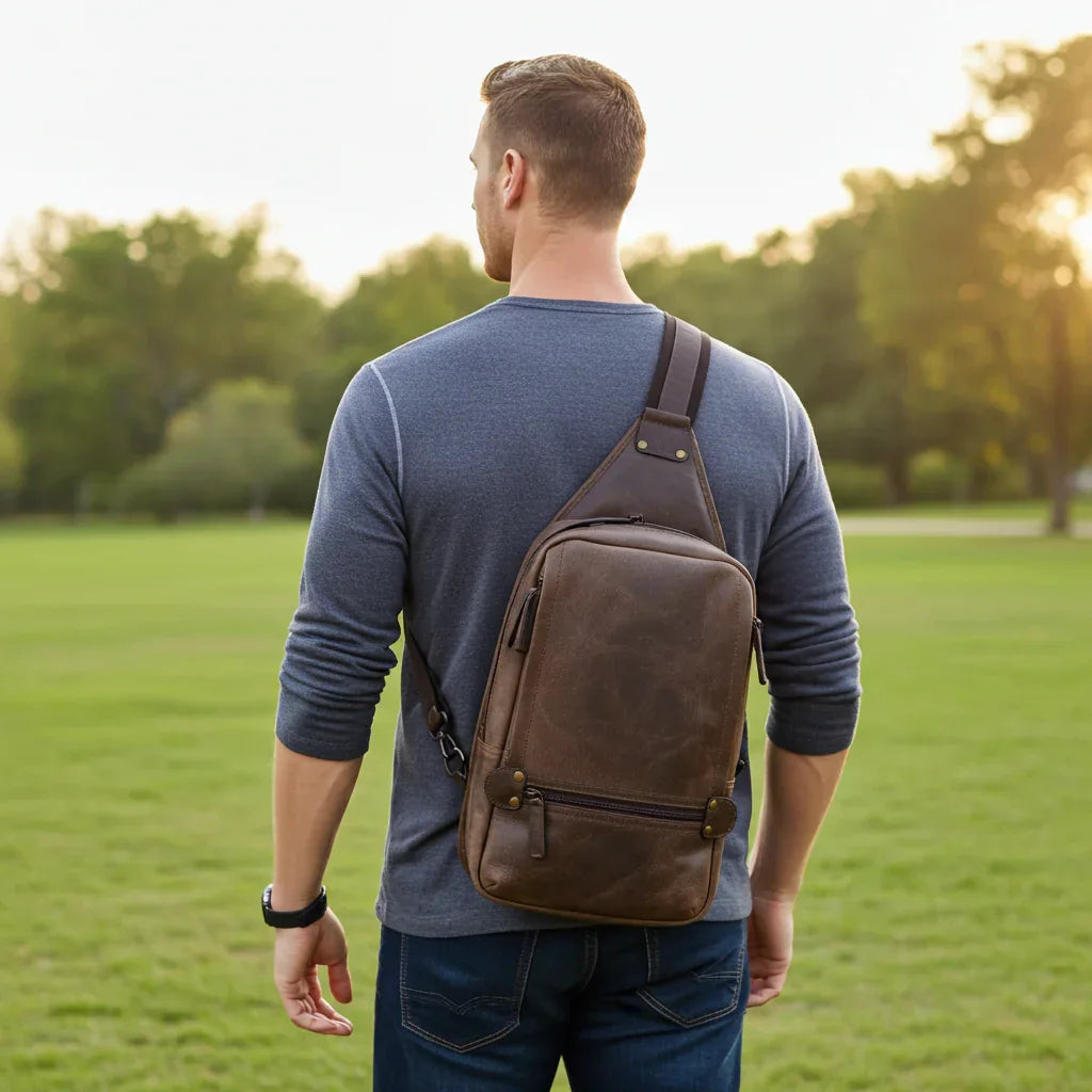 Crazy Horse Leather Large Sling Bag for Men