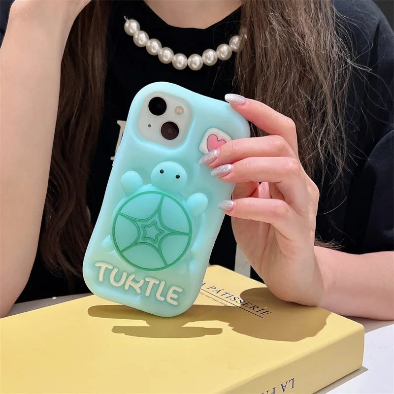 Cute Cartoon Noctilucent Turtle Bracket Soft Silicone Phone Case For iPhone