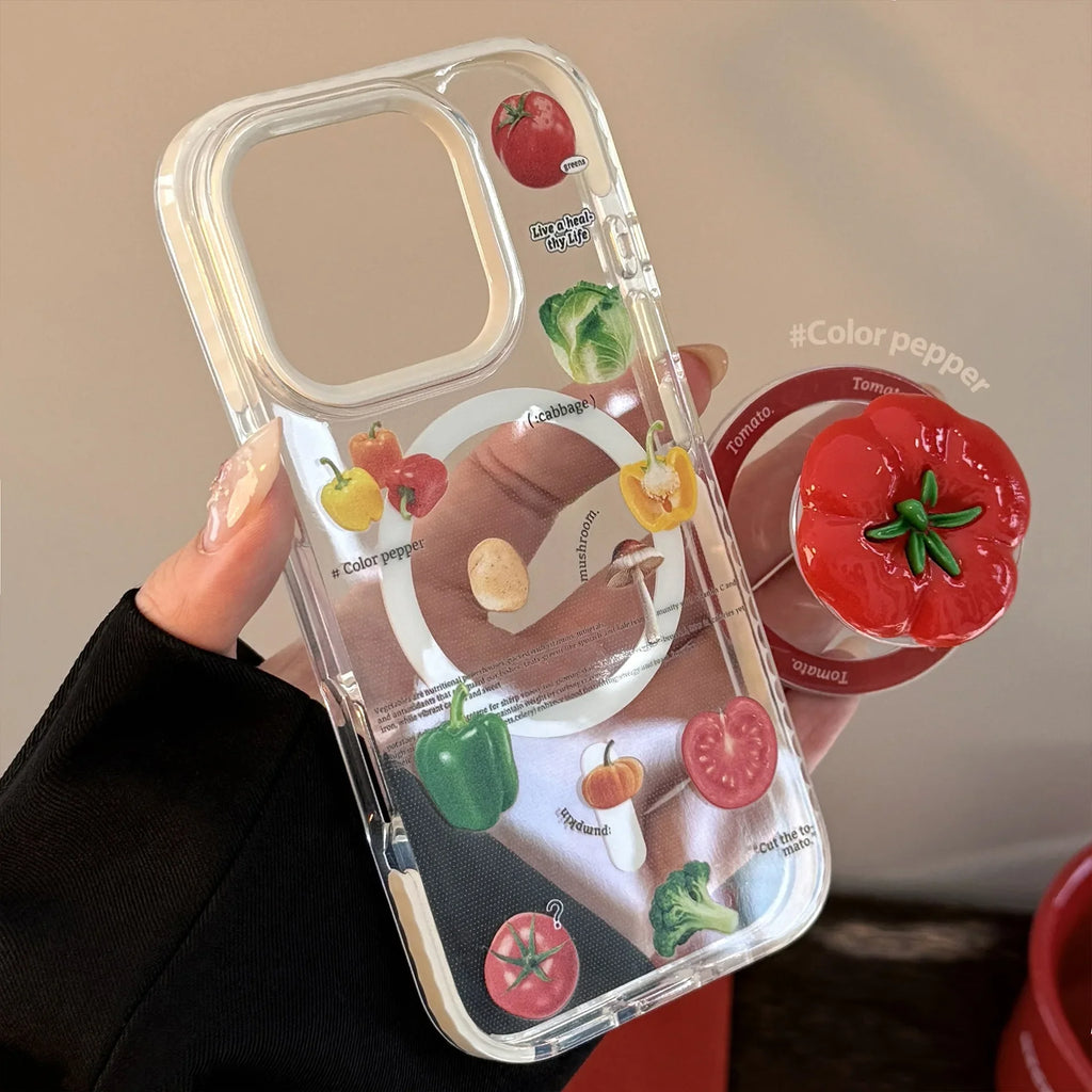 Korean Vegetable 3D Cartoon Tomato Bracket Magnetic Phone Case For iPhone