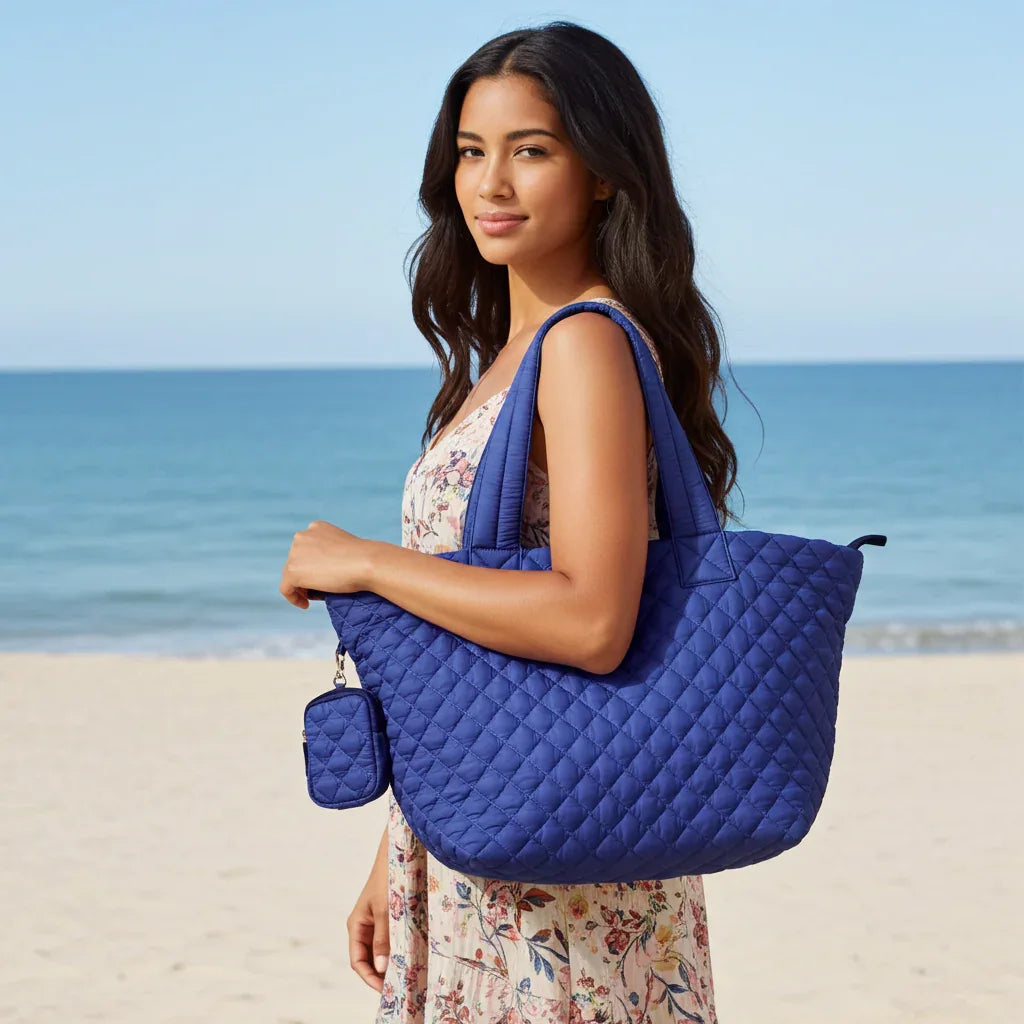 Large Quilted Nylon Zip-Top Tote Bag – Lightweight Travel & Beach Carryall