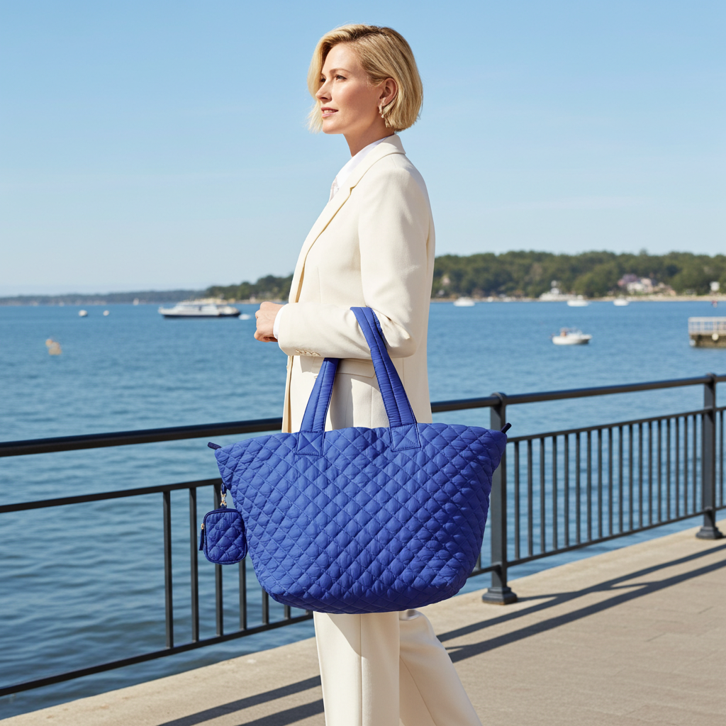Large Quilted Nylon Zip-Top Tote Bag – Lightweight Travel & Beach Carryall
