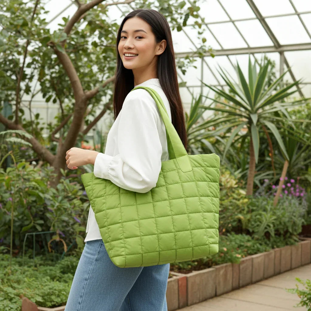 Quilted Nylon Zip-Top Tote Bag for Women – Lightweight 16″ Laptop Work & Travel Tote
